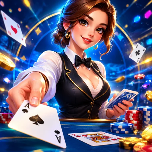 Cartas de blackjack abertas sobre a mesa ao lado de fichas de aposta